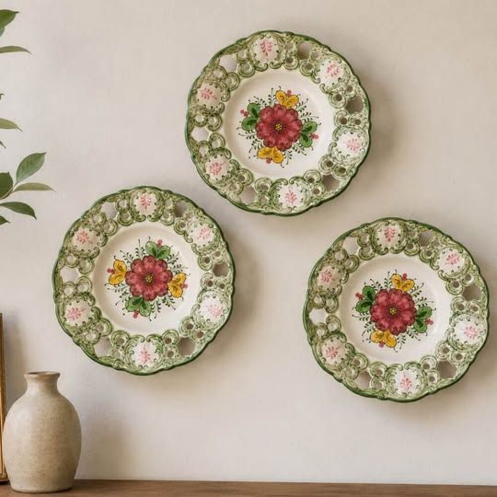 3 Hand-Painted Xestal Portugal Pierced Decorative Plate | Floral Wall Plate